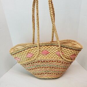 Woven Straw Tote‎ Bag Beach Vacation Summer Boho Colorful Accent